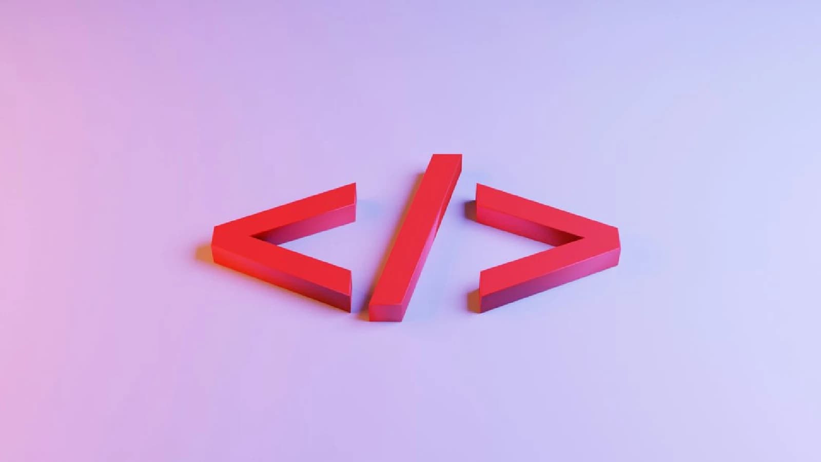 Red 3D HTML angle brackets and slash on a softly lit purple background.