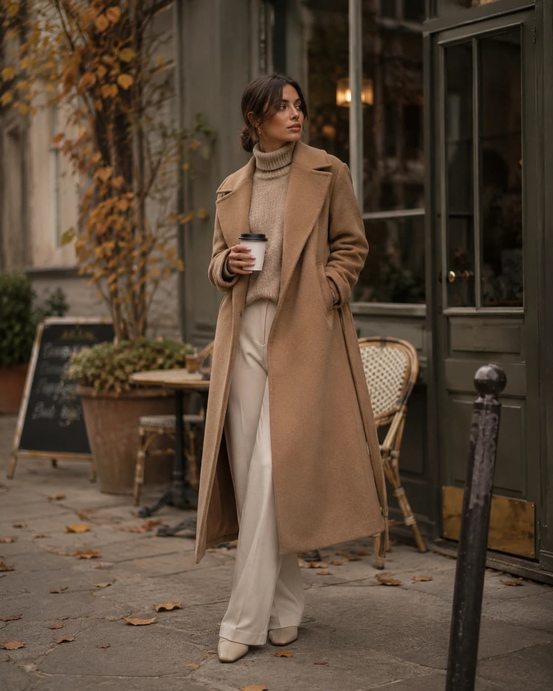 Woman wearing a long camel wool coat and neutral knitwear outside a café