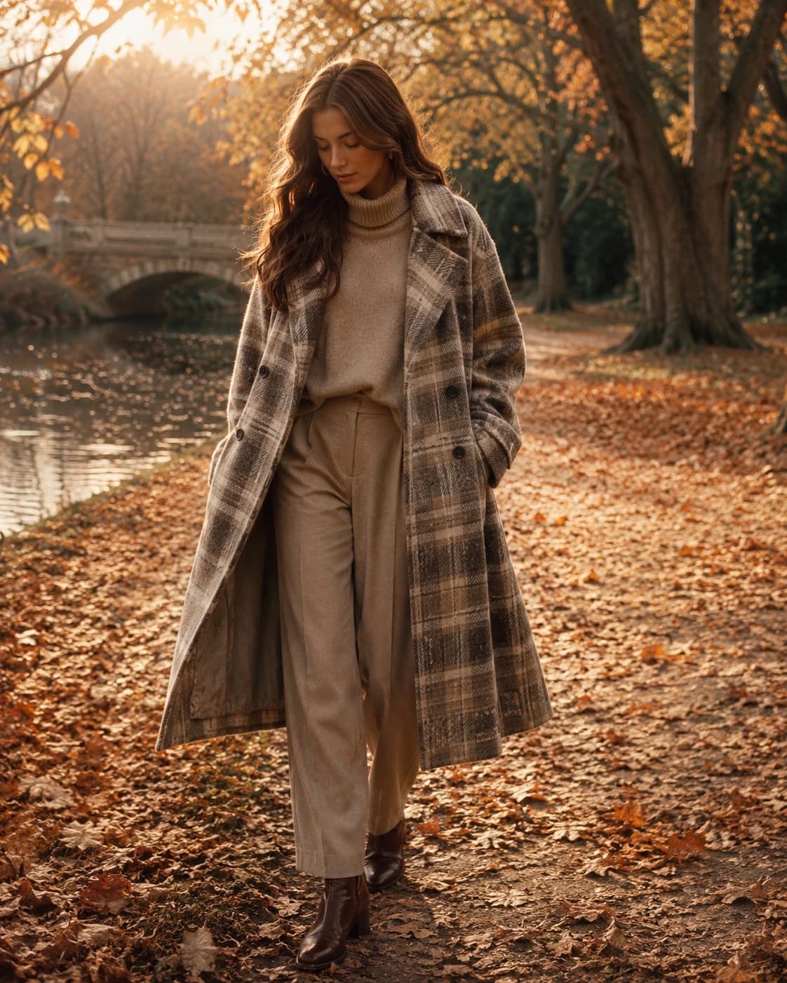 Woman wearing a long neutral plaid coat while walking through an autumn park