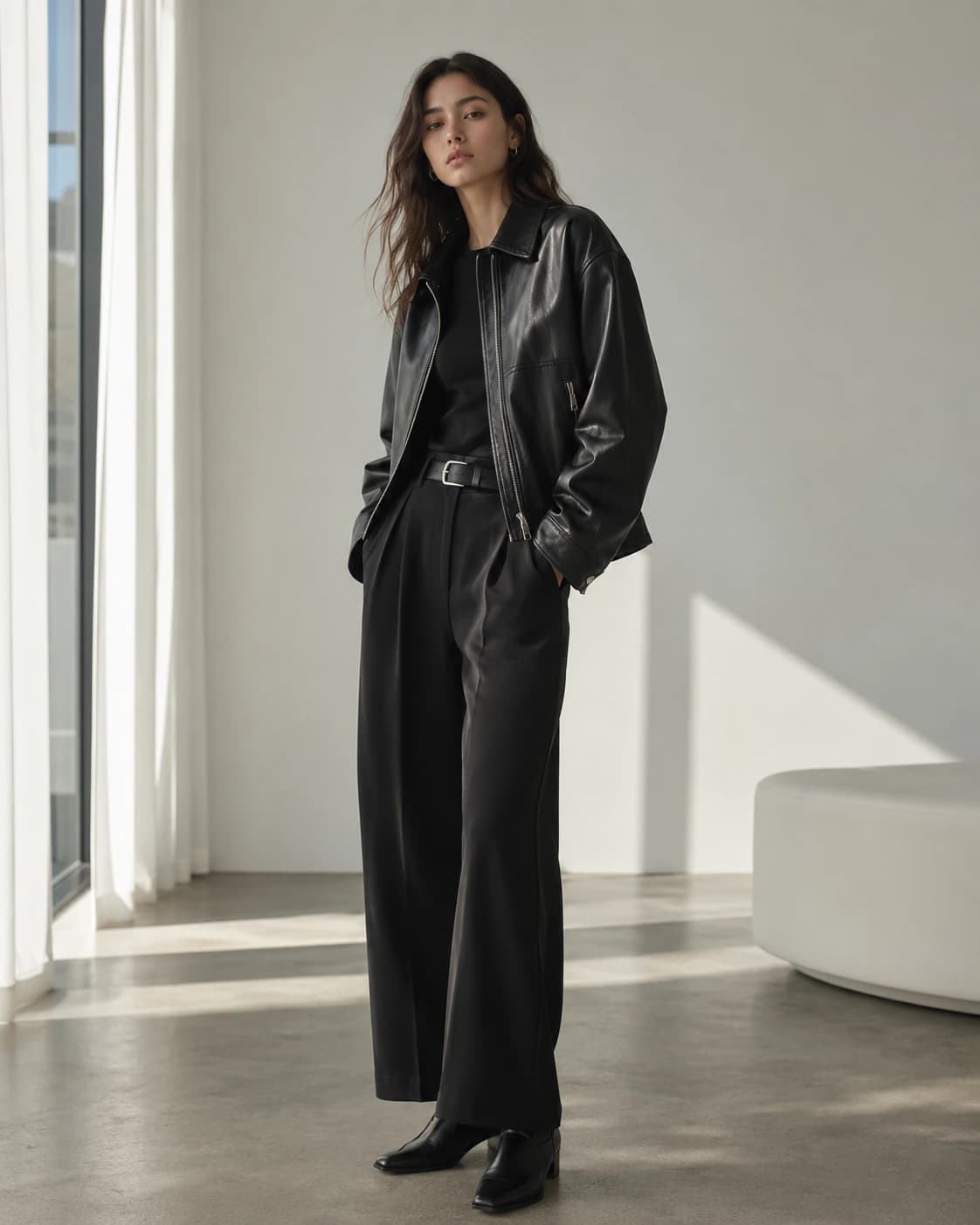 Woman wearing a black leather jacket and wide-leg trousers in a minimalist studio