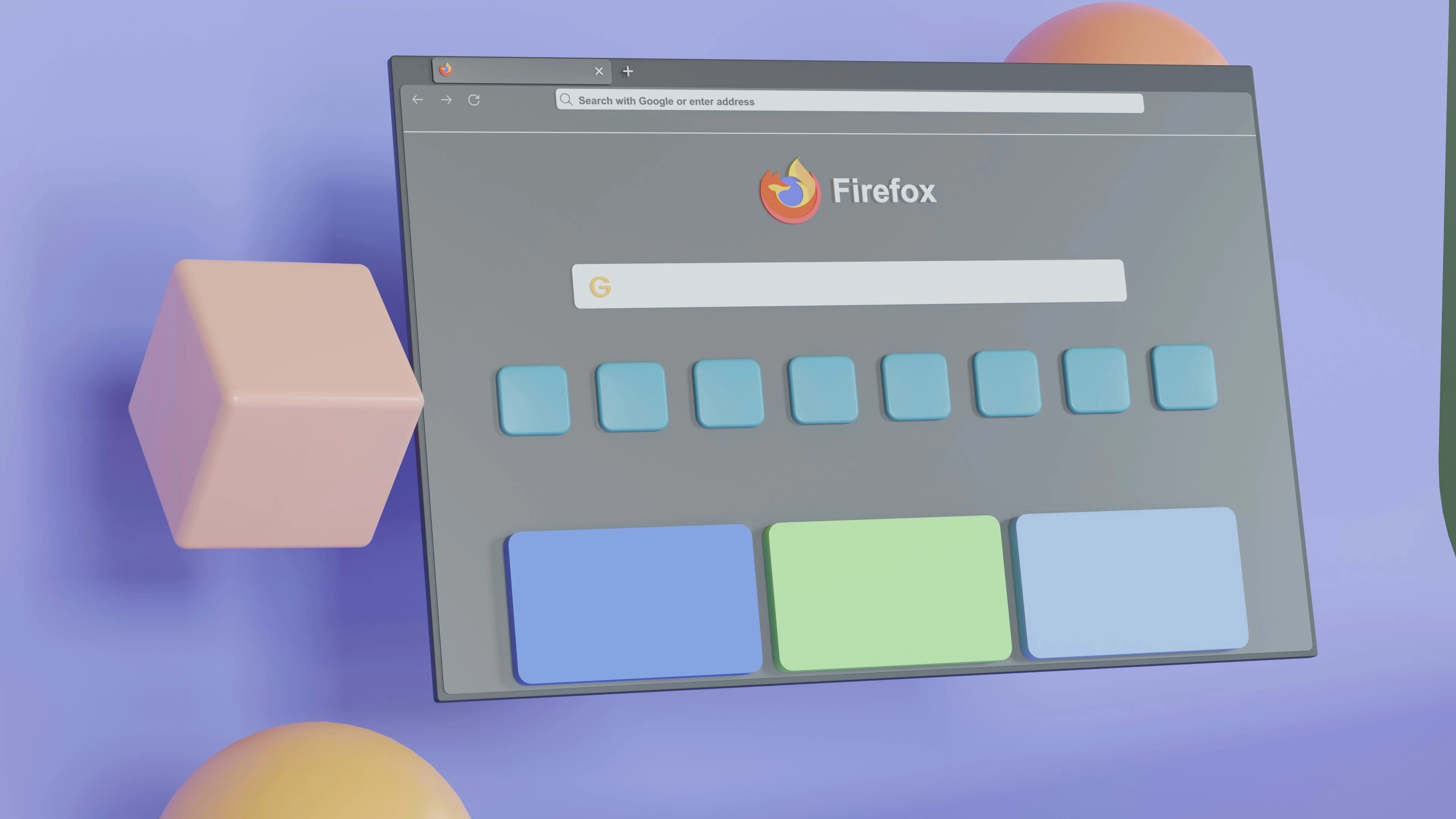 3D browser window mockup with rows of blue buttons and three pastel content cards.