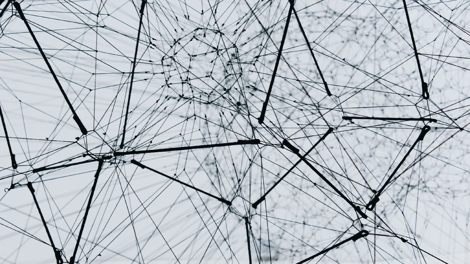 Abstract web of black lines and connection points against a white background.