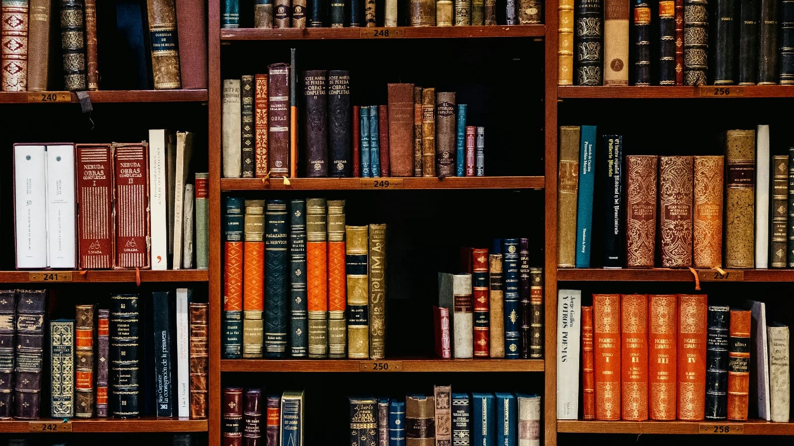 Wooden library shelves filled with old books in multicoloured, ornate bindings.