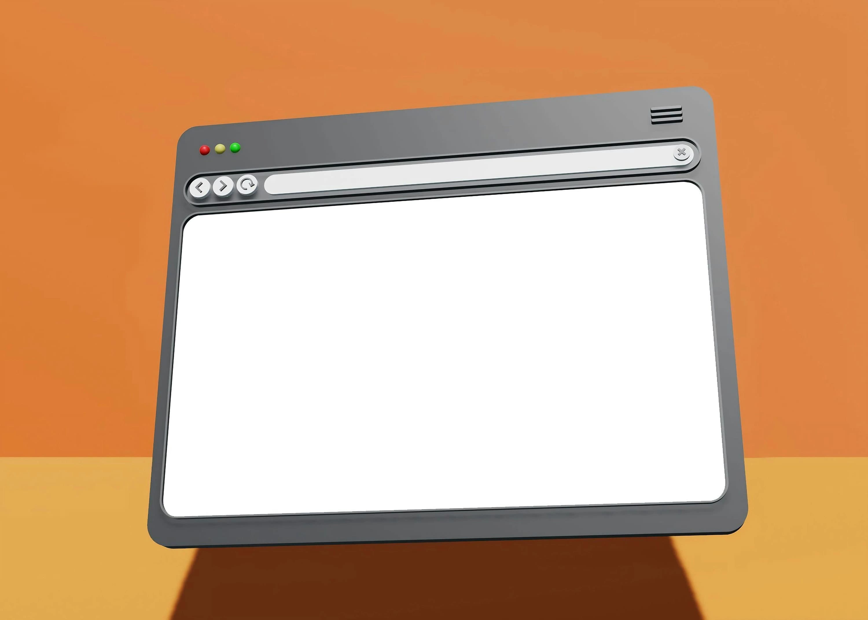 A three-dimensional grey browser window with a blank white page on an orange background.