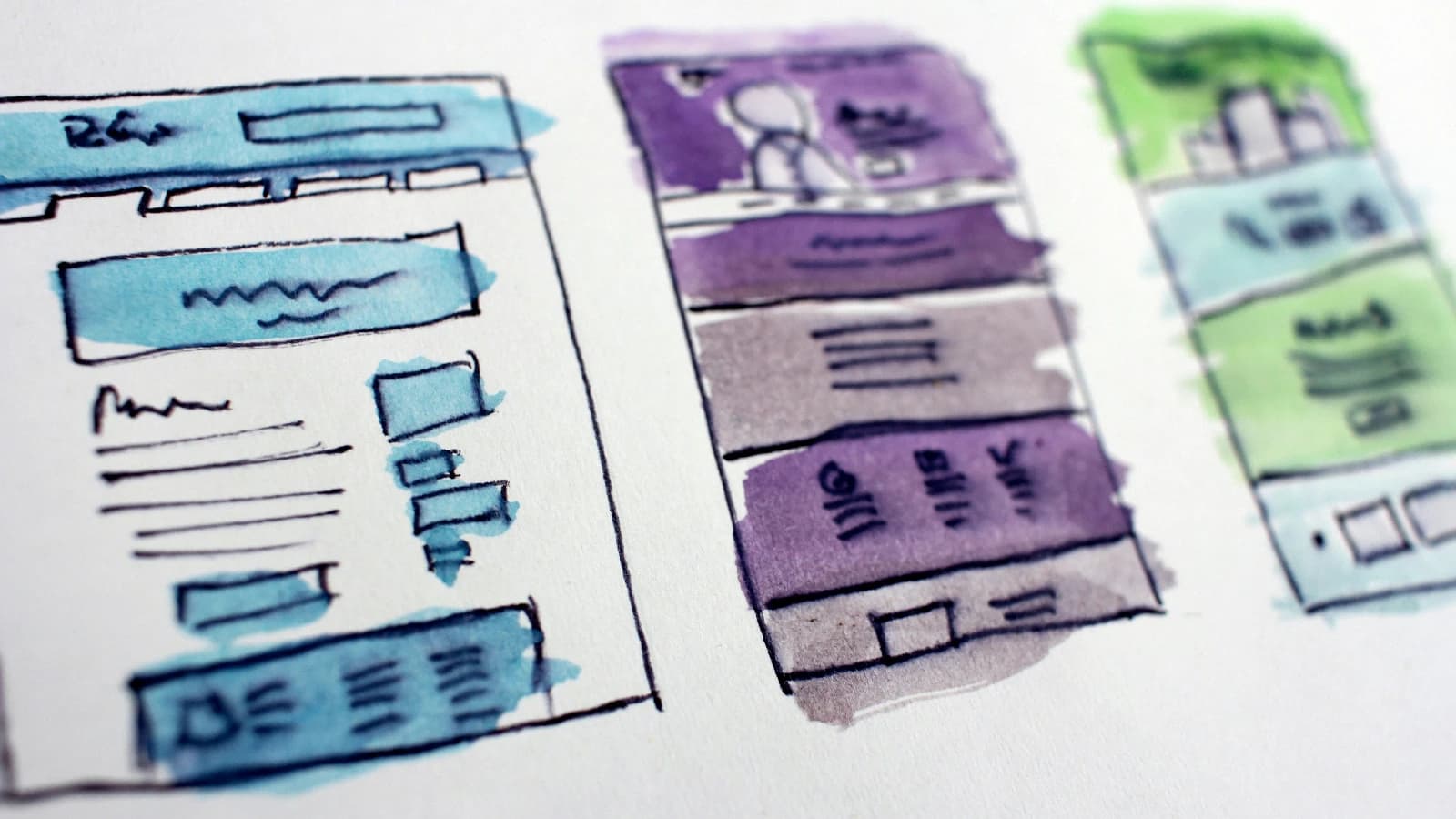 Watercolour sketches of desktop and mobile web layouts in blue, purple, and green.